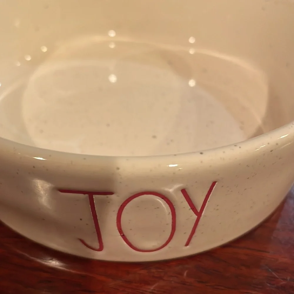 Rae Dunn joy white red ceramic pet bowl dog cat holiday Christmas candy dish